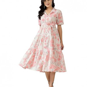 Women's Floral Printed Cotton Flared Dress pink