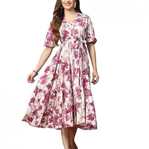 Women's Floral Printed Cotton Flared Dress magenta