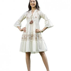 Women's Floral Printed Cotton Flared Dress white
