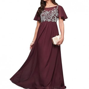 Women's Halter-Neck Cap-Sleeve Pleated Embellished Georgette Dress, wine