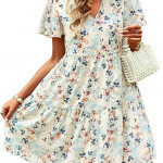 Women's Dresses – Stylish V Neck Short Sleeve Boho Floral Print Midi Ruffle Flowy Chiffon Casual Dress for Women , white