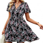 Women's Dresses – Stylish V Neck Short Sleeve Boho Floral Print Midi Ruffle Flowy Chiffon Casual Dress for Women , black