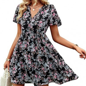 Women's Dresses – Stylish V Neck Short Sleeve Boho Floral Print Midi Ruffle Flowy Chiffon Casual Dress for Women , black