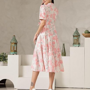 Women's Floral Printed Cotton Flared Dress pink