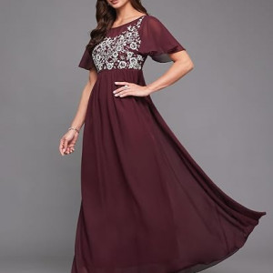Women's Halter-Neck Cap-Sleeve Pleated Embellished Georgette Dress, wine