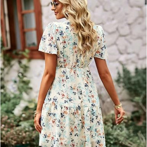 Women's Dresses – Stylish V Neck Short Sleeve Boho Floral Print Midi Ruffle Flowy Chiffon Casual Dress for Women , white