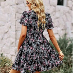 Women's Dresses – Stylish V Neck Short Sleeve Boho Floral Print Midi Ruffle Flowy Chiffon Casual Dress for Women , black