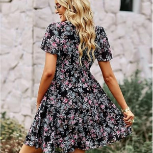 Women's Dresses – Stylish V Neck Short Sleeve Boho Floral Print Midi Ruffle Flowy Chiffon Casual Dress for Women , black