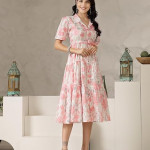 Women's Floral Printed Cotton Flared Dress pink