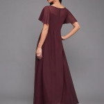 Women's Halter-Neck Cap-Sleeve Pleated Embellished Georgette Dress, wine