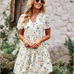 Women's Dresses – Stylish V Neck Short Sleeve Boho Floral Print Midi Ruffle Flowy Chiffon Casual Dress for Women , white