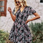 Women's Dresses – Stylish V Neck Short Sleeve Boho Floral Print Midi Ruffle Flowy Chiffon Casual Dress for Women , black