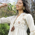 Women's Floral Printed Cotton Flared Dress white