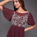 Women's Halter-Neck Cap-Sleeve Pleated Embellished Georgette Dress, wine